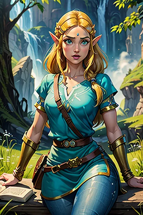 princess zelda, 1 garota, artist request, cinto, cabelo loiro, camisa azul, livro, botas, inexpressivo, corpo todo, olhos verdes...