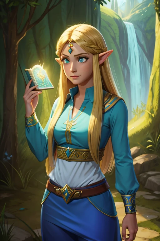 princess zelda, 1 garota, artist request, cinto, cabelo loiro, camisa azul, livro, Botas, inexpressivo, corpo todo, olhos verdes, high resolution, olhando para o espectador, Magia, nintendo, pants, Orelhas pontudas, camisa, cabelo curto, fundo simples, Sozinho, A Lenda de Zelda, A Lenda de Zelda: sopro da natureza, A Lenda de Zelda: Tears of the Kingdom, flor feita de luz, Magia