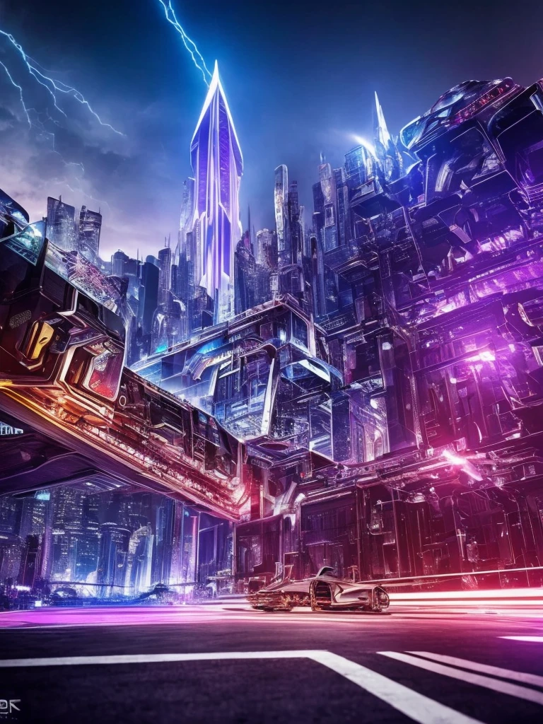 a futuristic city with lightning and ruby diamond crystal effect, BREAK , BERSERK-- metallic
silver purple magenta elements, a simple black background with liquid metallic silver lavender reflections, INGLAZE: (best quality,4k,8k,highres,masterpiece:1.2),ultra-detailed,(realistic,photorealistic,photo-realistic:1.37),hyper realistic,dynamic ultrarealistic angle,TruckersRule style,extremely detailed CG unit,top-quality real texture skin,intricate architecture,ornate details,shimmering lights,seamless integration,cinematic composition,dramatic lighting,stunning clarity,intricate machinery,futuristic technology,metallic reflections,sharp focus,vivid colors