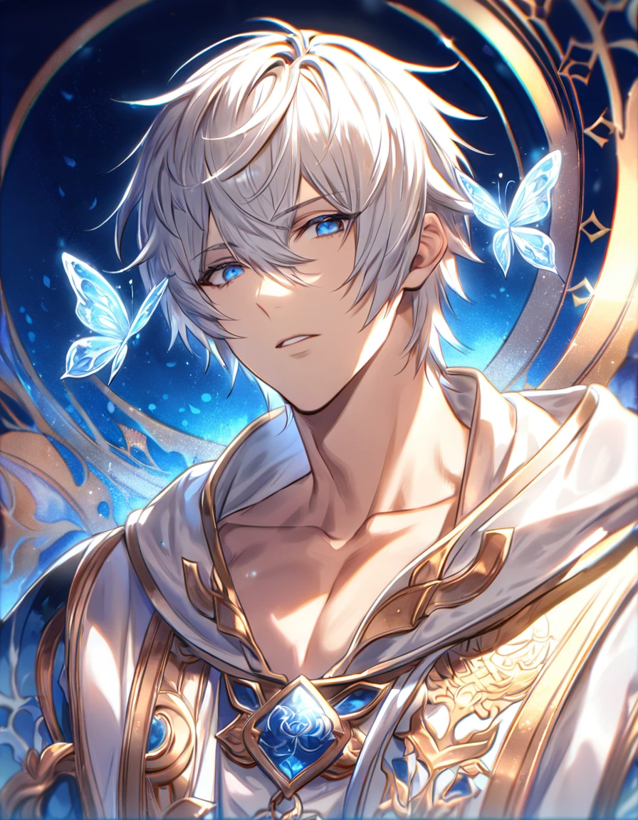 absurdres, highres, ultra detailed, HDR, master piece, best quality, Lucilius, white hair, expressive blue eyes, granblue fantasy, solo, sexy man, handsome, white tunic, patterns, magical, fantasy, blue background, blue lotus, shining, blue petals, blue sparkling butterflies