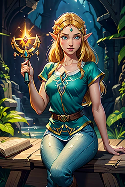 Princess Zelda, 1 girl, artist request, waist belt, hair blonde, chemise azul, Boken, booties, unexpressive, whole body, greeneyes, high resolution, gazing at viewer, magie, nintendo, pants, pointy ears, chemise, shorth hair, simple background, standing alone, a lenda de Zelda, a lenda de Zelda: breath of the wild, a lenda de Zelda: Tears of the Kingdom, flower made of light, magie