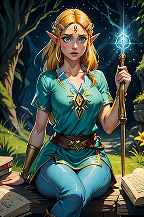 princess zelda, 1 garota, artist request, cinto, cabelo loiro, camisa azul, livro, Botas, inexpressivo, corpo todo, olhos verdes...