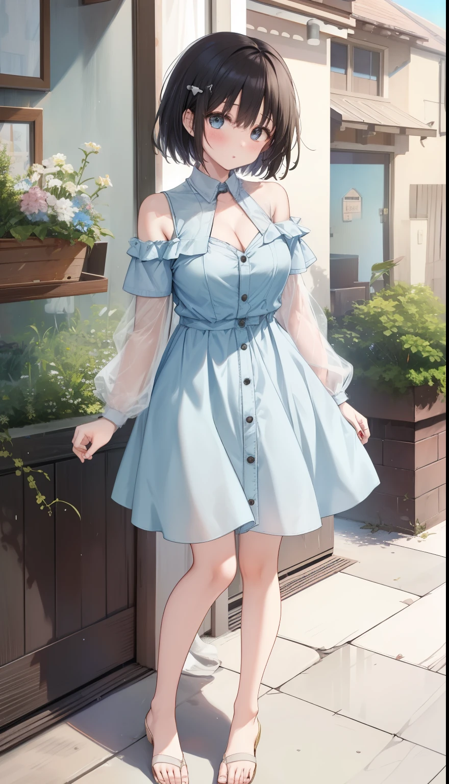 Anime girl in blue dress standing on sidewalk in front of building - SeaArt  AI