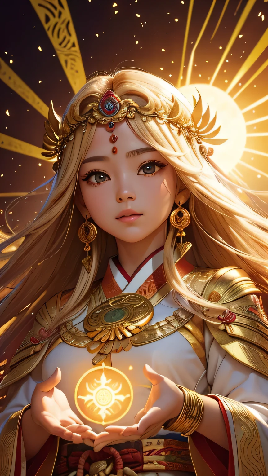 "Child of the Sun, Goddess of Love": Within a sacred sanctuary bathed in sunlight, depict the figure of a sun goddess who governs love, facing forward and emanating divine radiance. She is a , around 6 years old. Zoom in to focus on her face, with a gleaming orb of light in her hands, representing the life-giving power of the sun. Her hair is shimmering gold, and she is wearing a traditional miko outfit as seen in Japanese shrines. The background should be predominantly gold, evoking a sense of divine splendor, with numerous heart-themed objects expressing the beauty of love. The setting is in heaven, enveloped in soft, bright light, where one can find tranquility and peace of mind, free from any trace of anxiety.