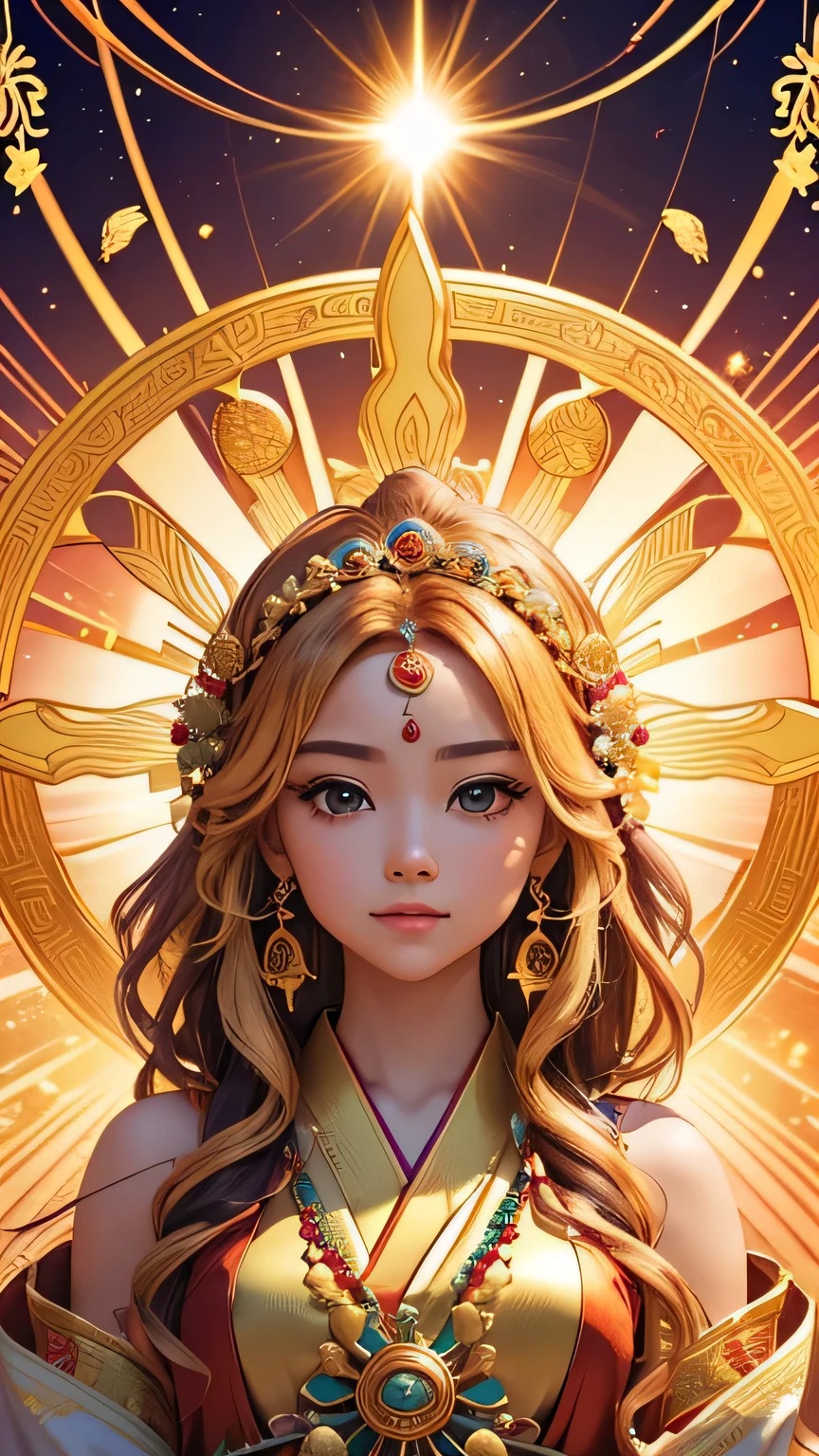 "Child of the Sun, Goddess of Love": Within a sacred sanctuary bathed in sunlight, depict the figure of a sun goddess who governs love, facing forward and emanating divine radiance. She is a , around 3 years old. Zoom in to focus on her face, with a gleaming orb of light in her hands, representing the life-giving power of the sun. Her hair is shimmering gold, and she is wearing a traditional miko outfit as seen in Japanese shrines. The background should be predominantly gold, evoking a sense of divine splendor, with numerous heart-themed objects expressing the beauty of love. The setting is in heaven, enveloped in soft, bright light, where one can find tranquility and peace of mind, free from any trace of anxiety.