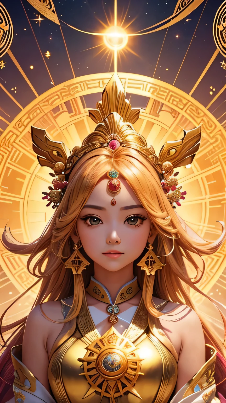 "Child of the Sun, Goddess of Love": Within a sacred sanctuary bathed in sunlight, depict the figure of a sun goddess who governs love, facing forward and emanating divine radiance. She is a , around 3 years old. Zoom in to focus on her face, with a gleaming orb of light in her hands, representing the life-giving power of the sun. Her hair is shimmering gold, and she is wearing a traditional miko outfit as seen in Japanese shrines. The background should be predominantly gold, evoking a sense of divine splendor, with numerous heart-themed objects expressing the beauty of love. The setting is in heaven, enveloped in soft, bright light, where one can find tranquility and peace of mind, free from any trace of anxiety.