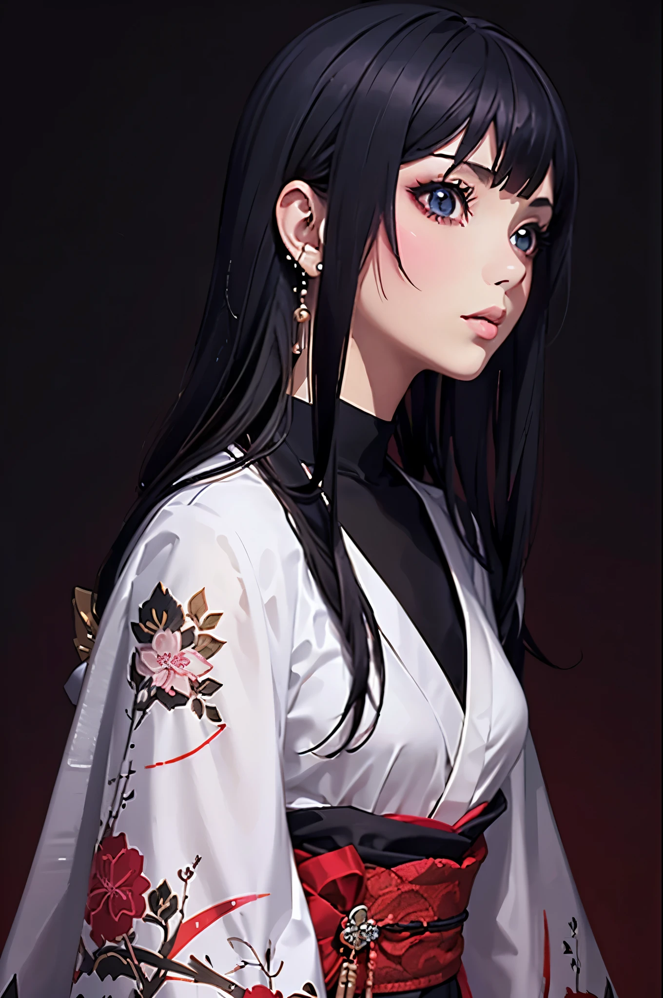 (best quality, sketch:1.2),realistic,illustrator,anime,1 girl, detailed lips, kimono,custom, black and red gradient background,neon hair,textured cropping, masterpiece, style retro classic, noir style , Japanese style 