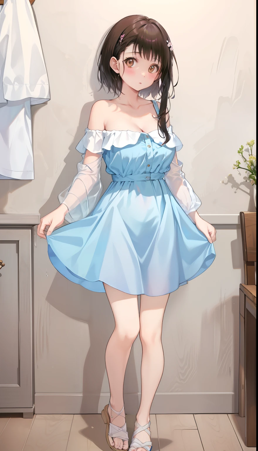 Anime girl in blue dress standing in a bathroom with a towel hanging on the  wall - SeaArt AI