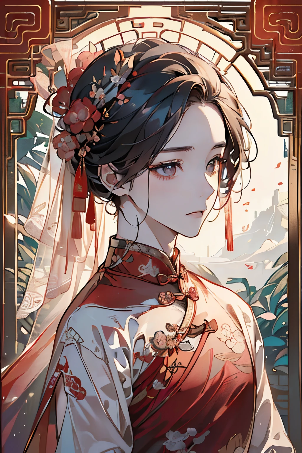 ((16歳くらいのmale性:1.2)),((male:1.4)),((chinese wedding dress:1.2)),((hanfu wedding costume1.25)),((Gorgeous and voluminous outfit:1.3)),((costume by red color)),((She is wearing a sheer veil:1.2)),//((high quality:1.2)),((Shiny eyes:1.3)),((hanfu costume:1.35)),((beautiful image:1.2)),((high graphic:1.2)),