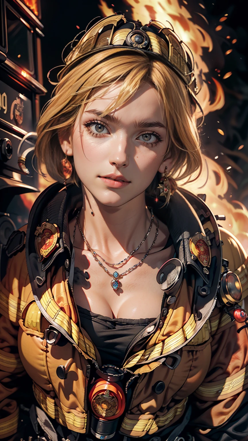 highest quality,masterpiece,Ultra-high resolution,(photoRealistic:1.4)One girl,beautiful_face,Detailed skin,whole body,Yuhuosh,jewelry,alone,Earrings,(fire:1.3),Blurred,Realistic,lips,