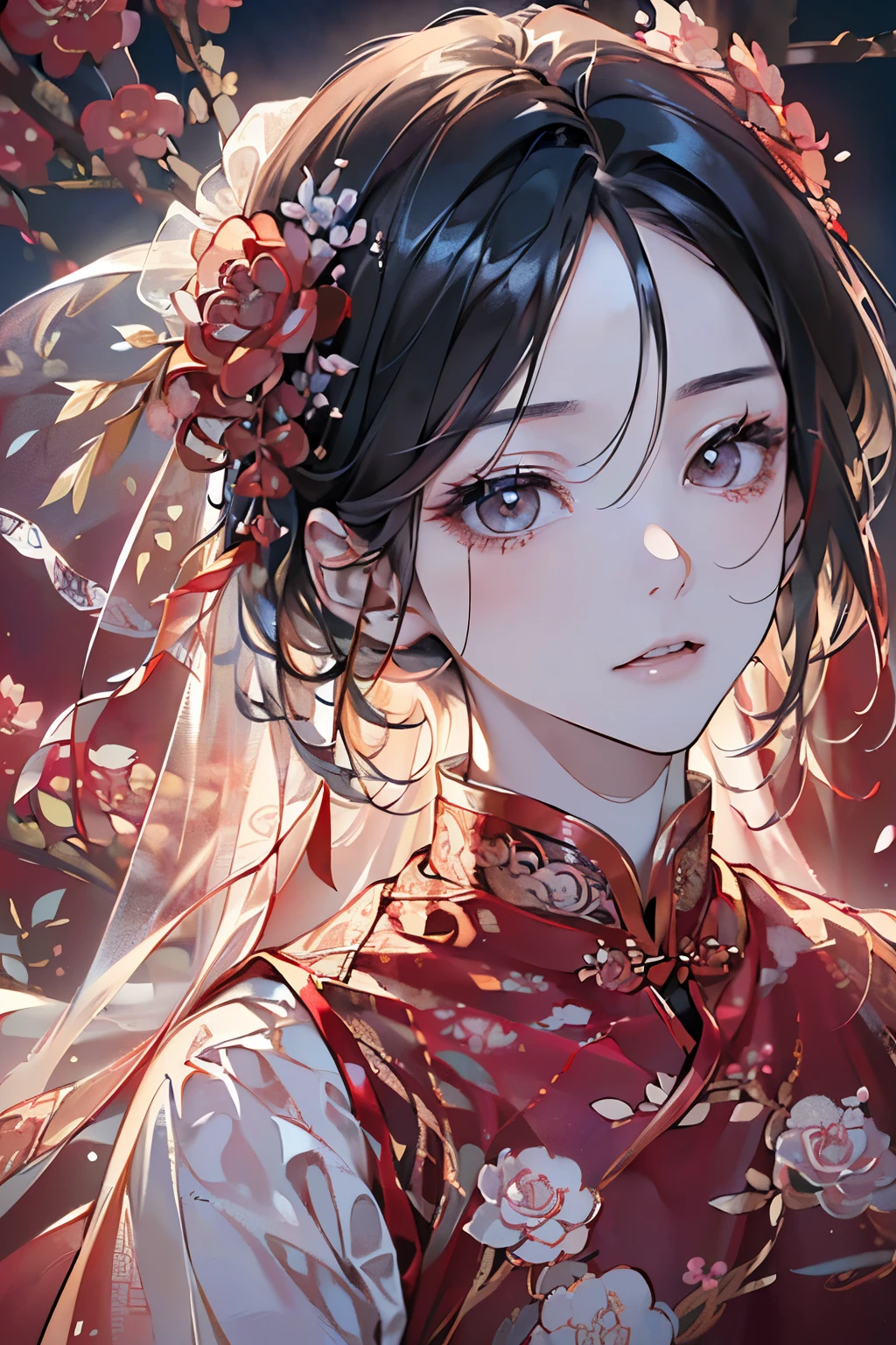 ((くらいのmale性:1.2)),((male:1.4)),((chinese wedding dress:1.2)),((hanfu wedding costume1.25)),((Gorgeous and voluminous outfit:1.3)),((costume by red color)),((Her face is hidden by a sheer veil:1.2)),//((high quality:1.2)),((Shiny eyes:1.3)),((hanfu costume:1.35)),((beautiful image:1.2)),((high graphic:1.2)),Close-up of face