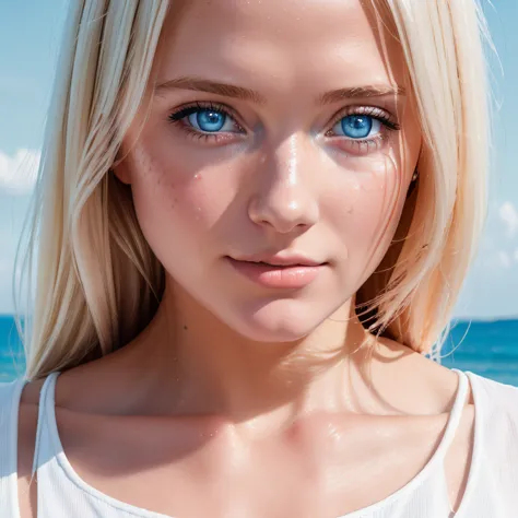 blond woman with blue eyes and a white top on the beach, woman's face looking off camera, soft portrait shot 8 k, portrait of a ...