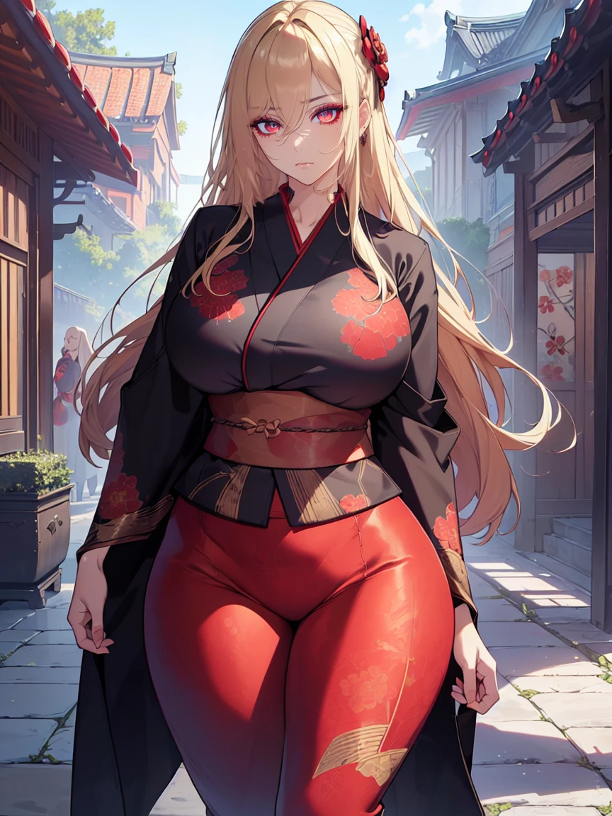 (Uhd, Masterpiece, Textured Skin, Super Detail, High Details, High Quality, Best Quality), Detailed Face, 1woman, mature pretty woman, ((wide hips, thick thighs, huge breasts)), ((Long blonde hair)), ((Black kimono with red patterns), (Pants), (Huge body), (Cultivator), Courtyard with a stone floor