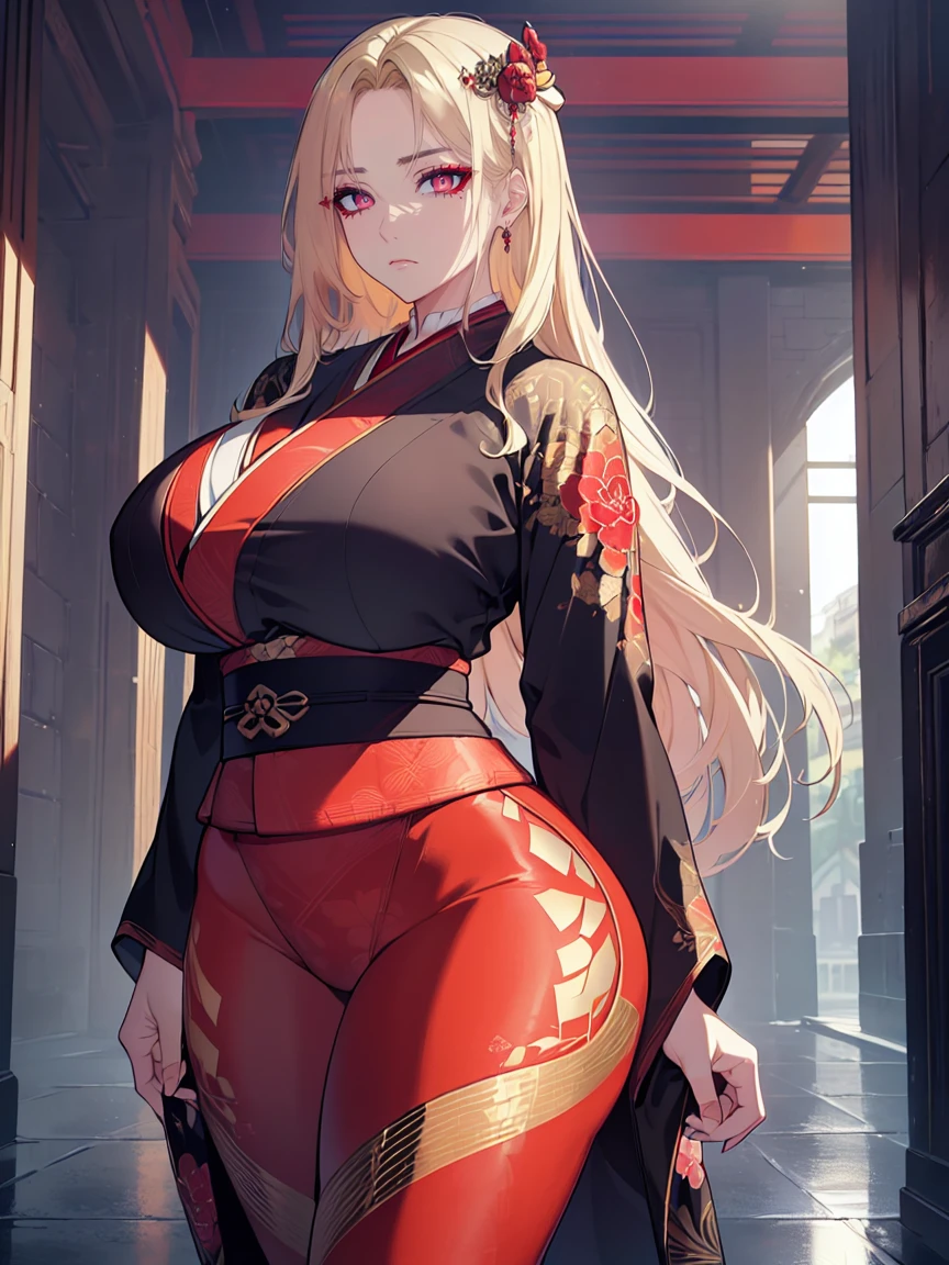 (Uhd, Masterpiece, Textured Skin, Super Detail, High Details, High Quality, Best Quality), Detailed Face, 1woman, mature pretty woman, ((wide hips, thick thighs, huge breasts)), ((Long blonde hair)), ((Black kimono with red patterns), (Pants), (Huge body), (Cultivator), Courtyard with a stone floor