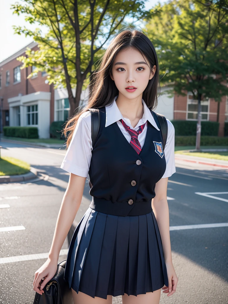 8k resolution), (RAW photo), (best quality), (masterpiece:1.5), (photorealistic:1.5), (photorealistic)), vibrant detail, ultra-realistic, 1girl, (cute: 1.2)((school uniform)),(((jk)))),road, intersection, big breast,