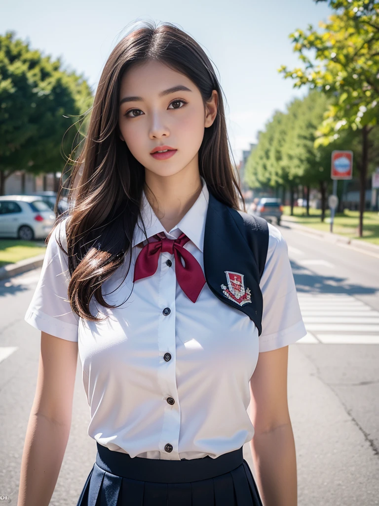 8k resolution), (RAW photo), (best quality), (masterpiece:1.5), (photorealistic:1.5), (photorealistic)), vibrant detail, ultra-realistic, 1girl, (cute: 1.2)((school uniform)),(((jk)))),road, intersection, big breast,