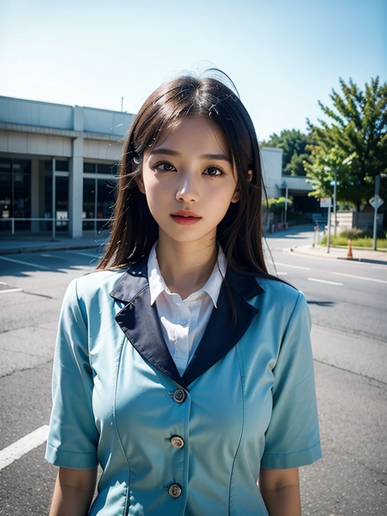 8k resolution), (RAW photo), (best quality), (masterpiece:1.5), (photorealistic:1.5), (photorealistic)), vibrant detail, ultra-realistic, 1girl, (cute: 1.2)((school uniform)),(((jk)))),road, intersection, big breast,