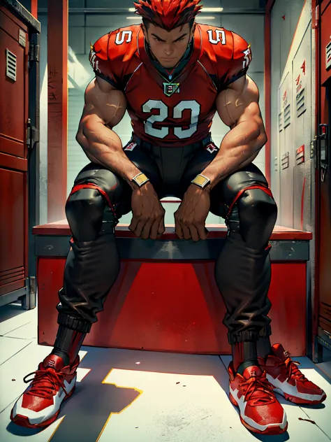 in an american football locker room, (sitting on a bench), legs spread open, muscular cfdawson, american football player wearing...