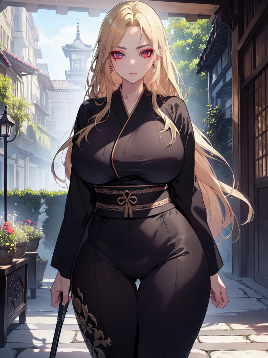 (Uhd, Masterpiece, Textured Skin, Super Detail, High Details, High Quality, Best Quality), Detailed Face, 1woman, mature pretty woman, ((wide hips, thick thighs, huge breasts)), ((Long blonde hair)), ((Black kimono), (Pants), (Huge body), (Cultivator), Courtyard with a stone floor