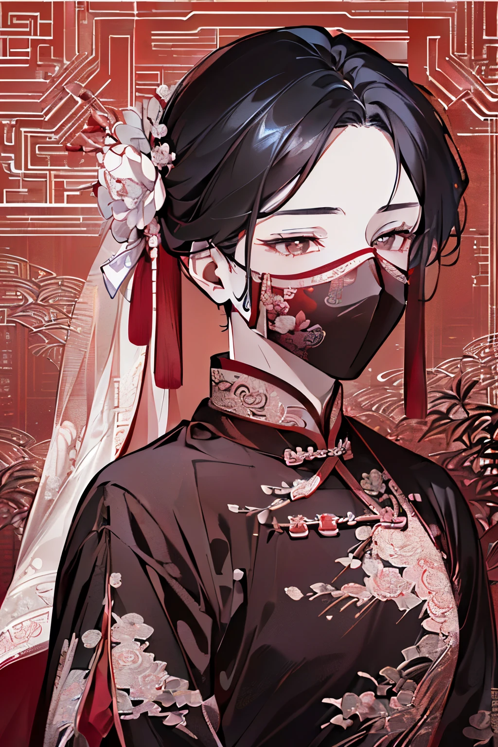 ((16歳くらいのmale性:1.2)),((male:1.4)),((chinese wedding dress:1.2)),((hanfu wedding costume1.25)),((Gorgeous and voluminous outfit:1.3)),((costume by red color)),((Her face is hidden by a sheer veil:1.2)),//((high quality:1.2)),((Shiny eyes:1.3)),((hanfu costume:1.35)),((beautiful image:1.2)),((high graphic:1.2)),Close-up of face