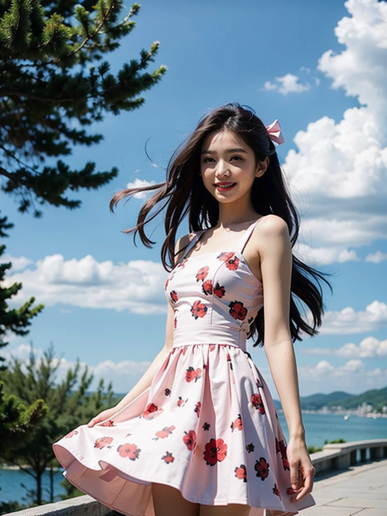 Beauty Long hair Pink bow Floral dress Looking into the distance The wind blows over smile