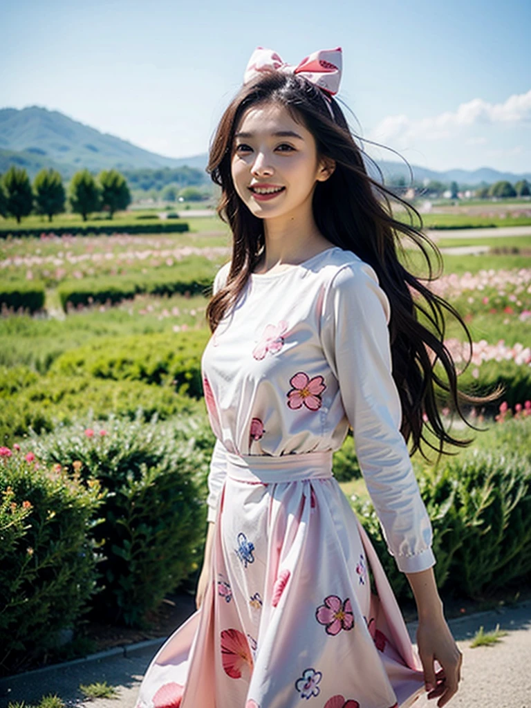 Beauty Long hair Pink bow Floral dress Looking into the distance The wind blows over smile