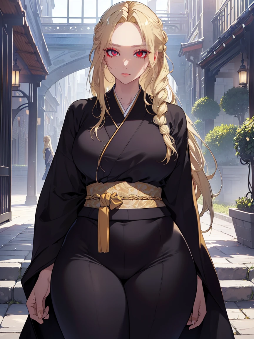 (Uhd, Masterpiece, Textured Skin, Super Detail, High Details, High Quality, Best Quality), Detailed Face, 1woman, mature pretty woman, ((wide hips, thick thighs)), ((Long blonde hair tied:1.5)), ((Black kimono), (Pants), (Huge body), (Cultivator), Courtyard with a stone floor