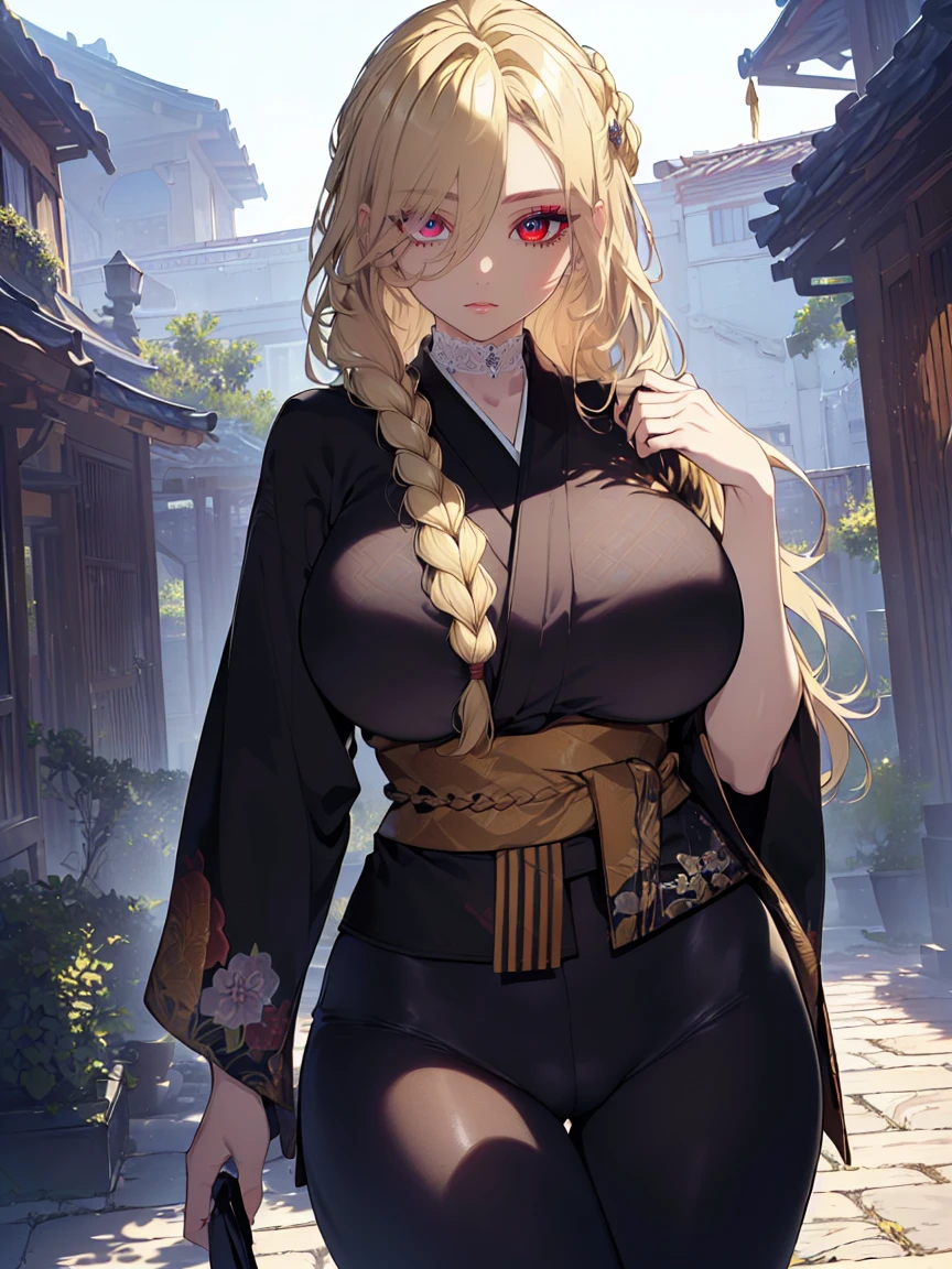 (Uhd, Masterpiece, Textured Skin, Super Detail, High Details, High Quality, Best Quality), Detailed Face, 1woman, mature pretty woman, ((wide hips, thick thighs, huge breasts)), ((Long blonde hair tied:1.5, Hair over the eye:1.5)), ((Black kimono), (Pants), (Huge body), (Cultivator), Courtyard with a stone floor