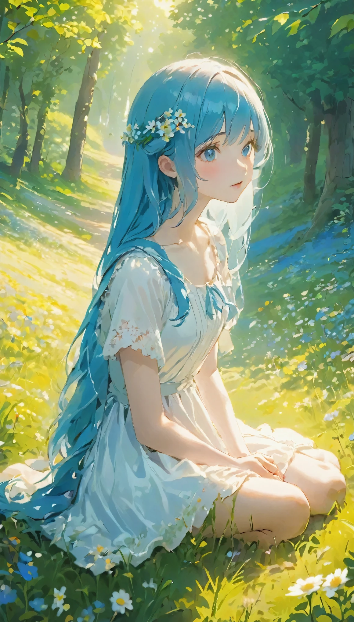 (highest quality,4K,High resolution,masterpiece:1.2),Super detailed,Realistic,High resolution,anime,girl,Blue Hair,White Dress,I deny that,Beautiful fine details,Beautiful lip detail,Sit on the ground,Wildflowers around her,wood々Sunlight shining through,Peaceful atmosphere,Vibrant colors,Soft Shadows,Dreamy Style