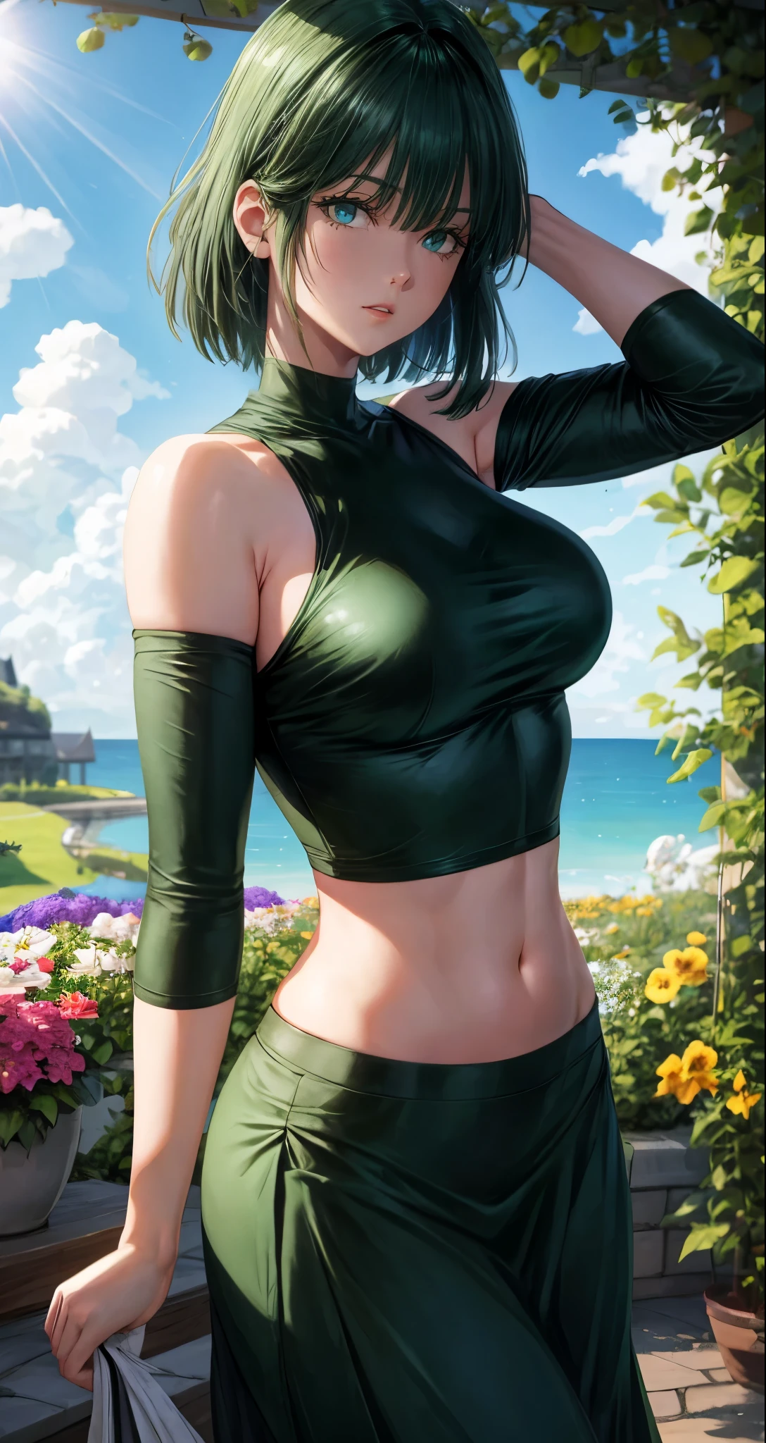 realistic, 1girl, Fubuki, green hair, green eyes, big round breasts, pure white skin, shining eyes, dark green crop top, dark green skirt, parted lips, rouge, night, flowers, sun , sunlight