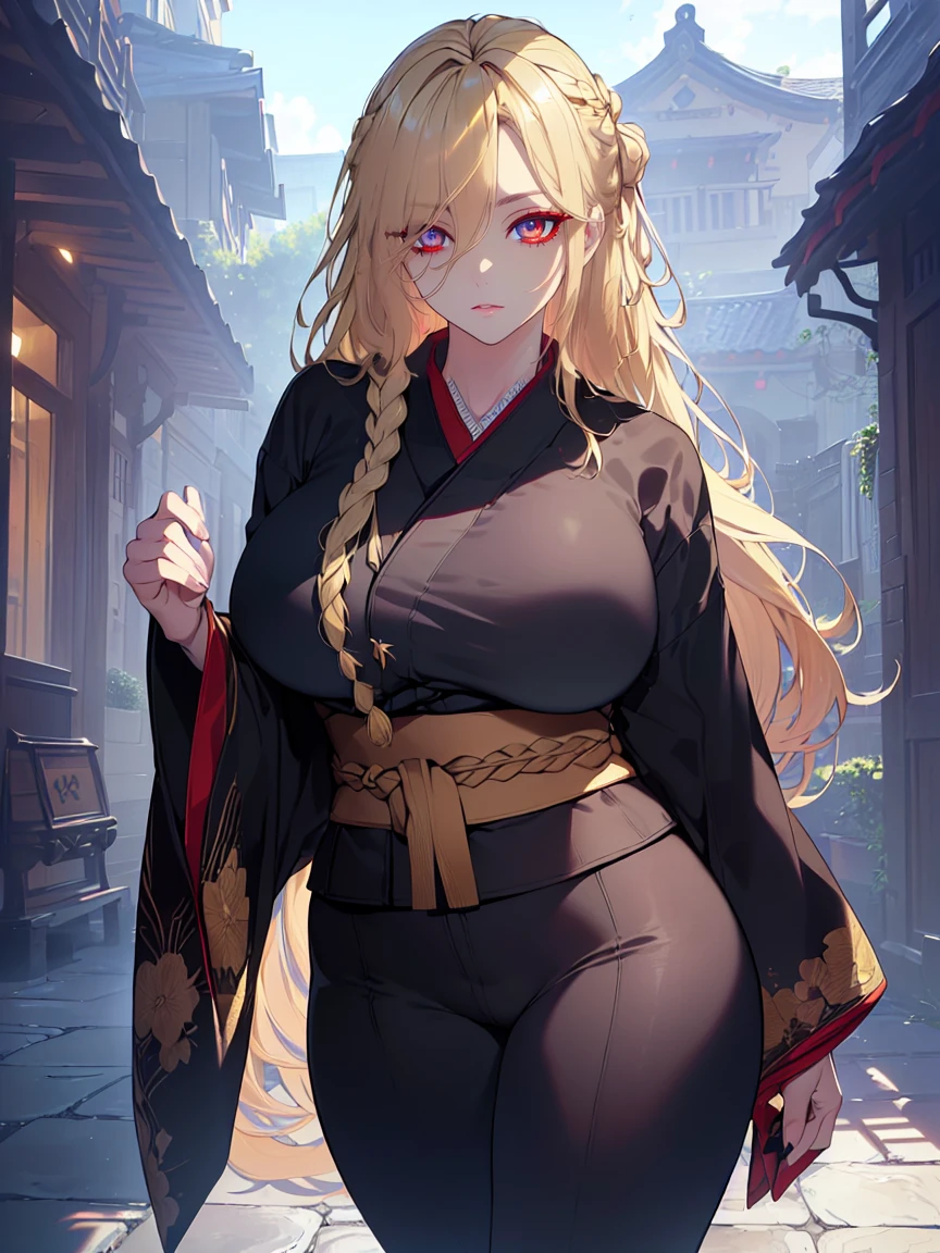 (Uhd, Masterpiece, Textured Skin, Super Detail, High Details, High Quality, Best Quality), Detailed Face, 1woman, mature pretty woman, ((wide hips, thick thighs, huge breasts)), ((Long blonde hair tied:1.5, Hair over the eye:1.5)), ((Black kimono), (Pants), (Huge body), (Cultivator), Courtyard with a stone floor