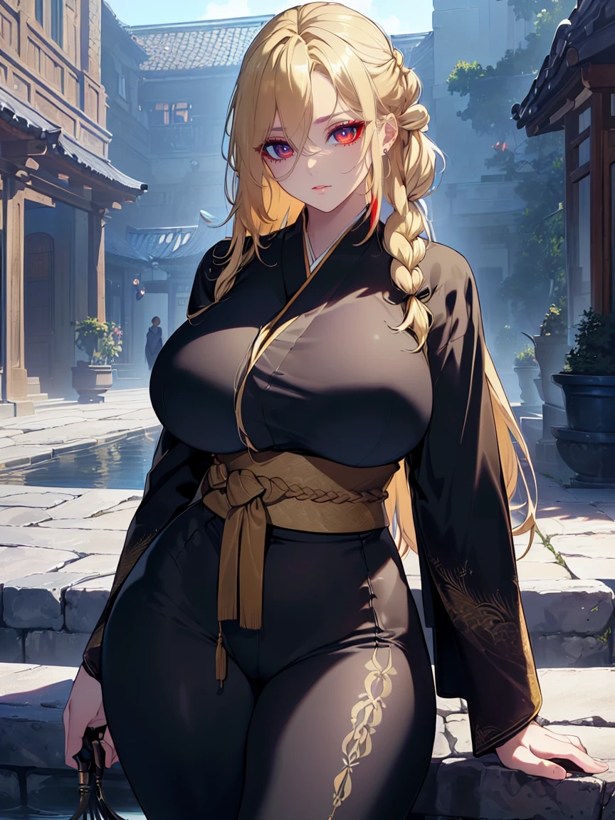 (Uhd, Masterpiece, Textured Skin, Super Detail, High Details, High Quality, Best Quality), Detailed Face, 1woman, mature pretty woman, ((wide hips, thick thighs, huge breasts)), ((Long blonde hair tied:1.5, Hair over the eye:1.5)), ((Black kimono), (Pants), (Huge body), (Cultivator), Courtyard with a stone floor