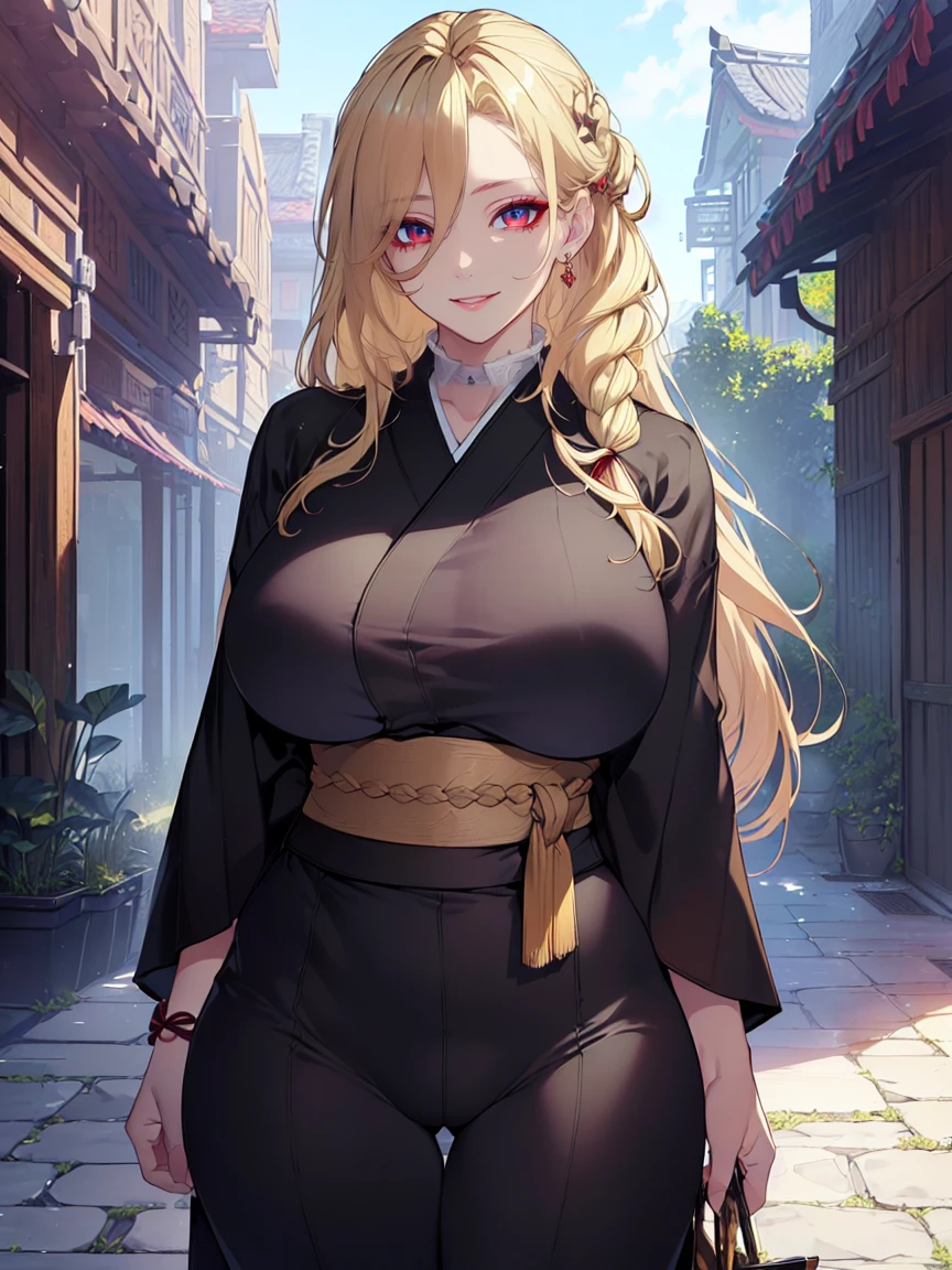 (Uhd, Masterpiece, Textured Skin, Super Detail, High Details, High Quality, Best Quality), Detailed Face, 1woman, mature pretty woman, ((wide hips, thick thighs, huge breasts)), ((Long blonde hair tied:1.5, Hair over the eye:1.5)), ((Black kimono), (Pants), (Huge body), (Cultivator), Courtyard with a stone floor