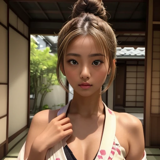 (alone、1 Japan woman:1.2), Light brown hair, (Single hair bun:1.1), yukata、Mid-chest, Ultra-fine face, Great writing、Thin face, Delicate lips, (Beautiful Eyes:1.3), ((Embarrassing:1.3)), blush with embarrassment, (Looking into the camera:1.3)、Place your hand on your chest、8k, Super detailed, high quality, 最high quality, High resolution