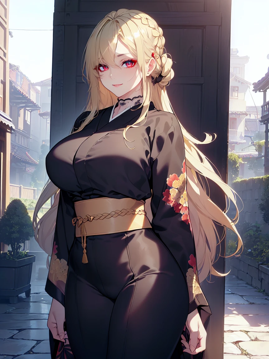 (Uhd, Masterpiece, Textured Skin, Super Detail, High Details, High Quality, Best Quality), Detailed Face, 1woman, mature pretty woman, ((wide hips, thick thighs, huge breasts)), ((Long blonde hair tied:1.5, Hair over the eye:1.5)), ((Black kimono), (Pants), (Huge body), (Cultivator), Courtyard with a stone floor