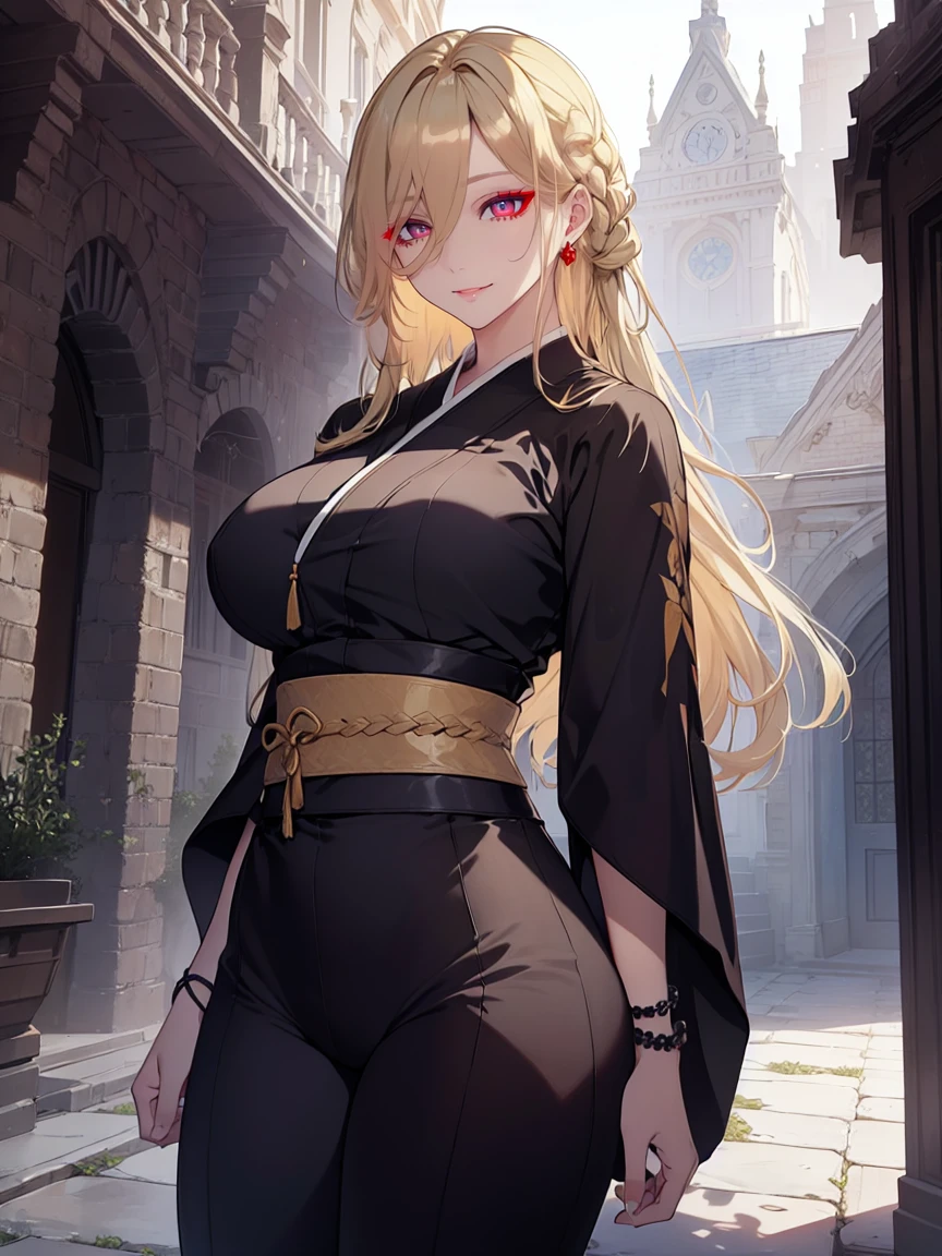 (Uhd, Masterpiece, Textured Skin, Super Detail, High Details, High Quality, Best Quality), Detailed Face, 1woman, mature pretty woman, ((wide hips, thick thighs, huge breasts)), ((Long blonde hair tied:1.5, Hair over the eye:1.5)), ((Black kimono, shoulderless:1.5, Bracelets), (Pants), (Huge body), (Cultivator), Courtyard with a stone floor