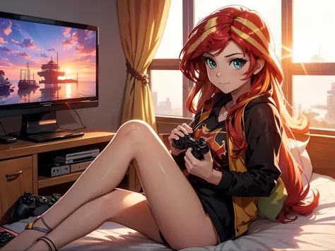 Sunset shimmer, sitting on her bed, holding a game controller, playing a video game
