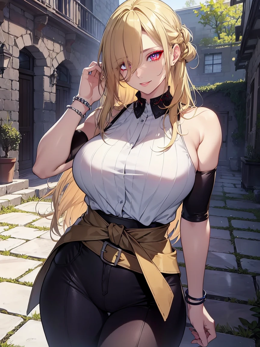 (Uhd, Masterpiece, Textured Skin, Super Detail, High Details, High Quality, Best Quality), Detailed Face, 1woman, mature pretty woman, ((wide hips, thick thighs, huge breasts)), ((Long blonde hair tied:1.5, Hair over the eye:1.5)), ((Judo clothing, shoulderless, belt tied at the waist, Bracelets), (Pants), (Huge body), (Cultivator), Courtyard with a stone floor