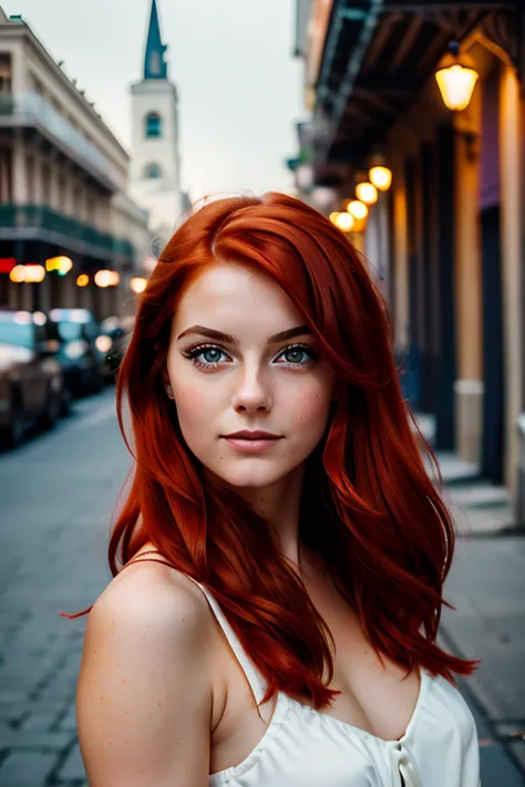 Cinematic, realistic, close-up, cinematic documentary of a 21-year-old European beautiful young woman with vibrant red hair and ...