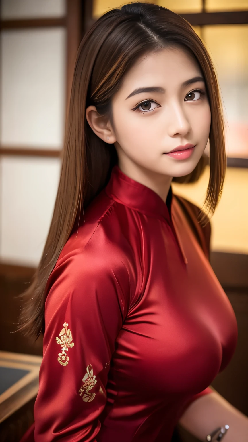 Best Images, (8k, RAW Photos, Realistic), A neat and beautiful Japanese woman, Rainbow light brown straight hair, Big, shining blue eyes, Long eyelashes, double eyelid, Half-open crimson seductive moist big thick lips, Big Breasts, Sideboob, Under the chest, Abdominal muscles, thin, Perfect Proportions, whole body, Black ao dai with gold embroidery, Blurred background red、Cowboy Shot