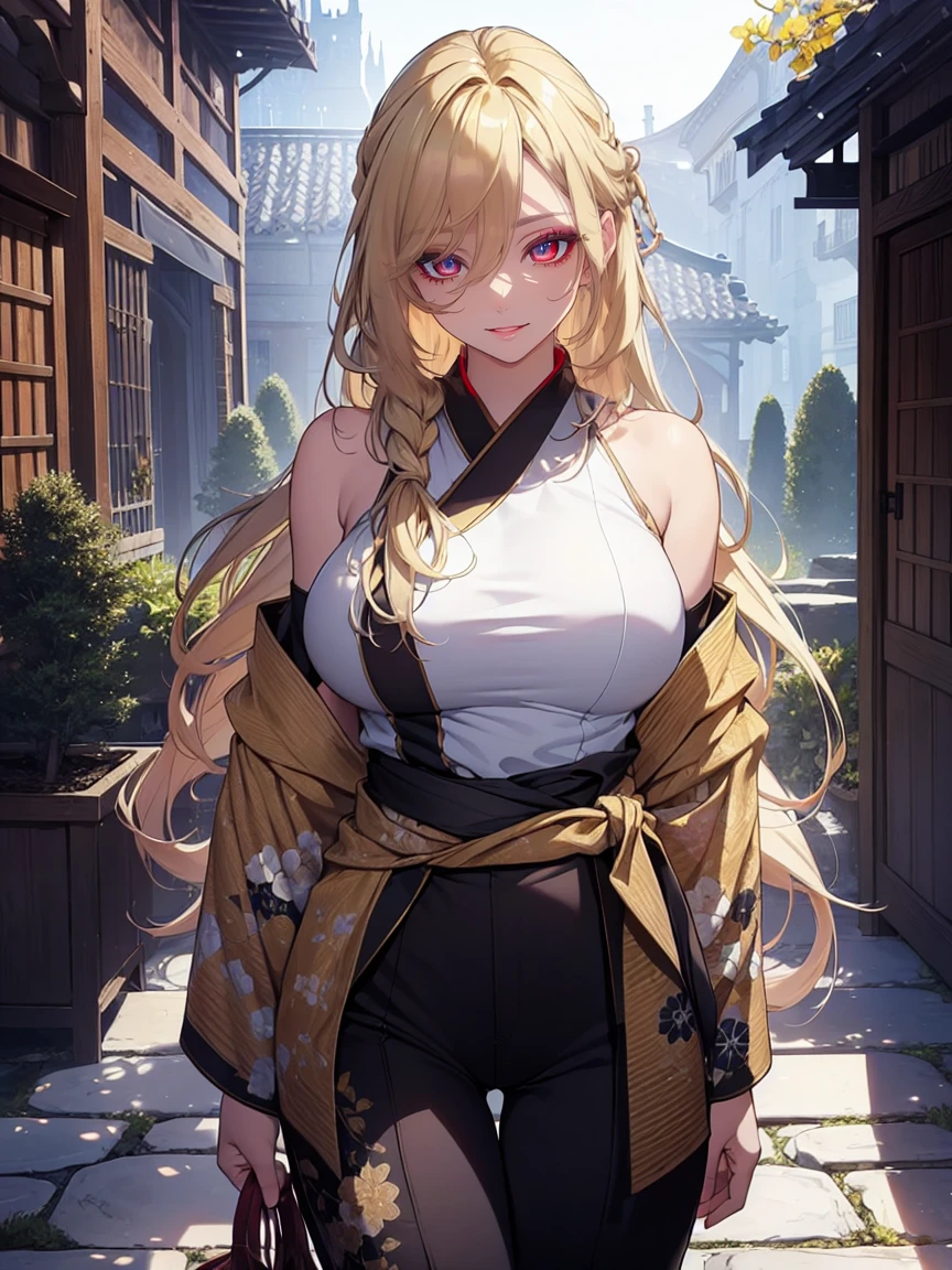 (Uhd, Masterpiece, Textured Skin, Super Detail, High Details, High Quality, Best Quality), Detailed Face, 1woman, mature pretty woman, ((wide hips, thick thighs, huge breasts)), ((Long blonde hair tied:1.5, Hair over the eye:1.5)), ((Kimono clothing, shoulderless, belt tied at the waist, Bracelets), (Pants), (Huge body), (Cultivator), Courtyard with a stone floor