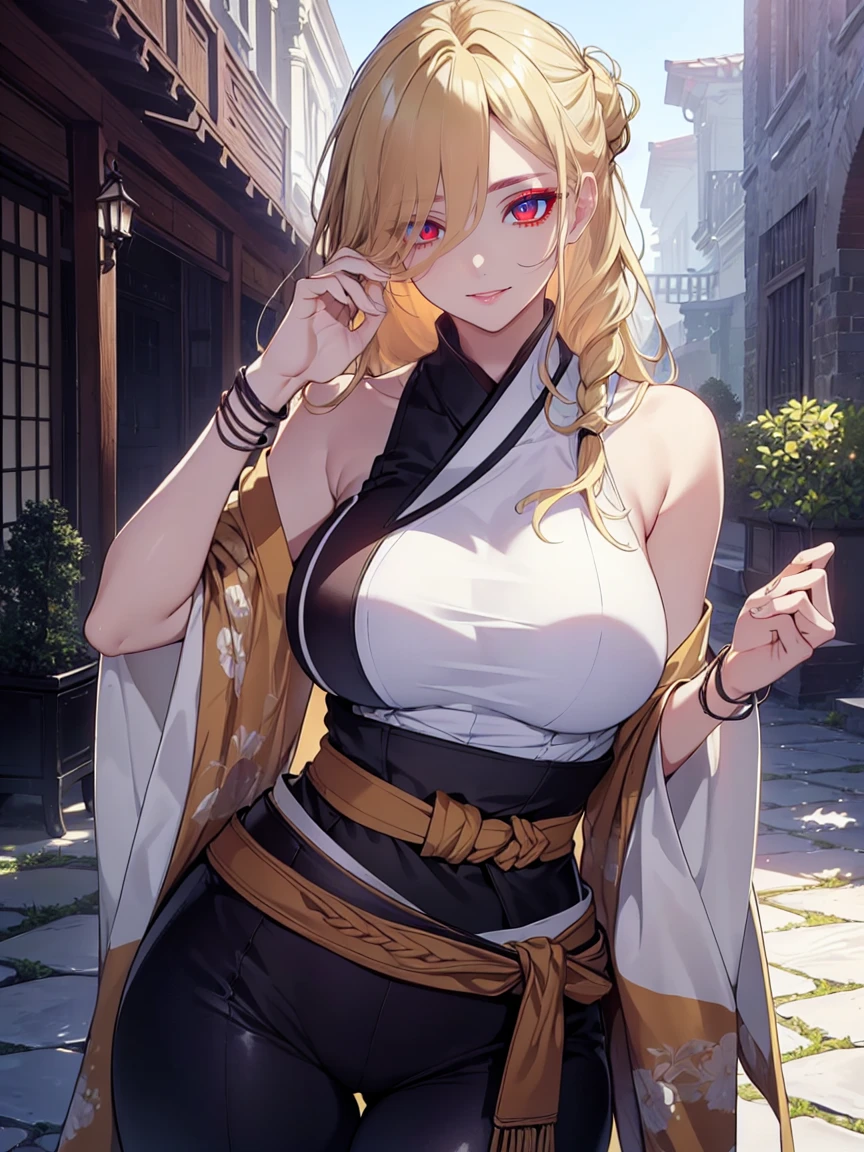 (Uhd, Masterpiece, Textured Skin, Super Detail, High Details, High Quality, Best Quality), Detailed Face, 1woman, mature pretty woman, ((wide hips, thick thighs, huge breasts)), ((Long blonde hair tied:1.5, Hair over the eye:1.5)), ((Kimono clothing, shoulderless, belt tied at the waist, Bracelets), (Pants), (Huge body), (Cultivator), Courtyard with a stone floor