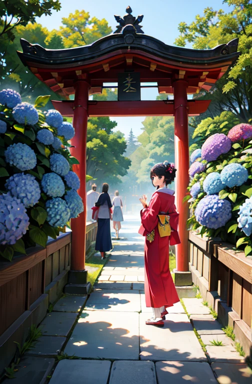 chef-d&#39;œuvre,
 4K,
 8k,
 Plusieurs femmes marchant à l’approche d’un sanctuaire bordé d’hortensias en fleurs,
 Tout le monde est beau,
 Il&#39;Il pleut donc tout le monde tient des parapluies colorés,
 Tous portent des yukatas colorés.,
 photo de tout le corps,
 groupe.,