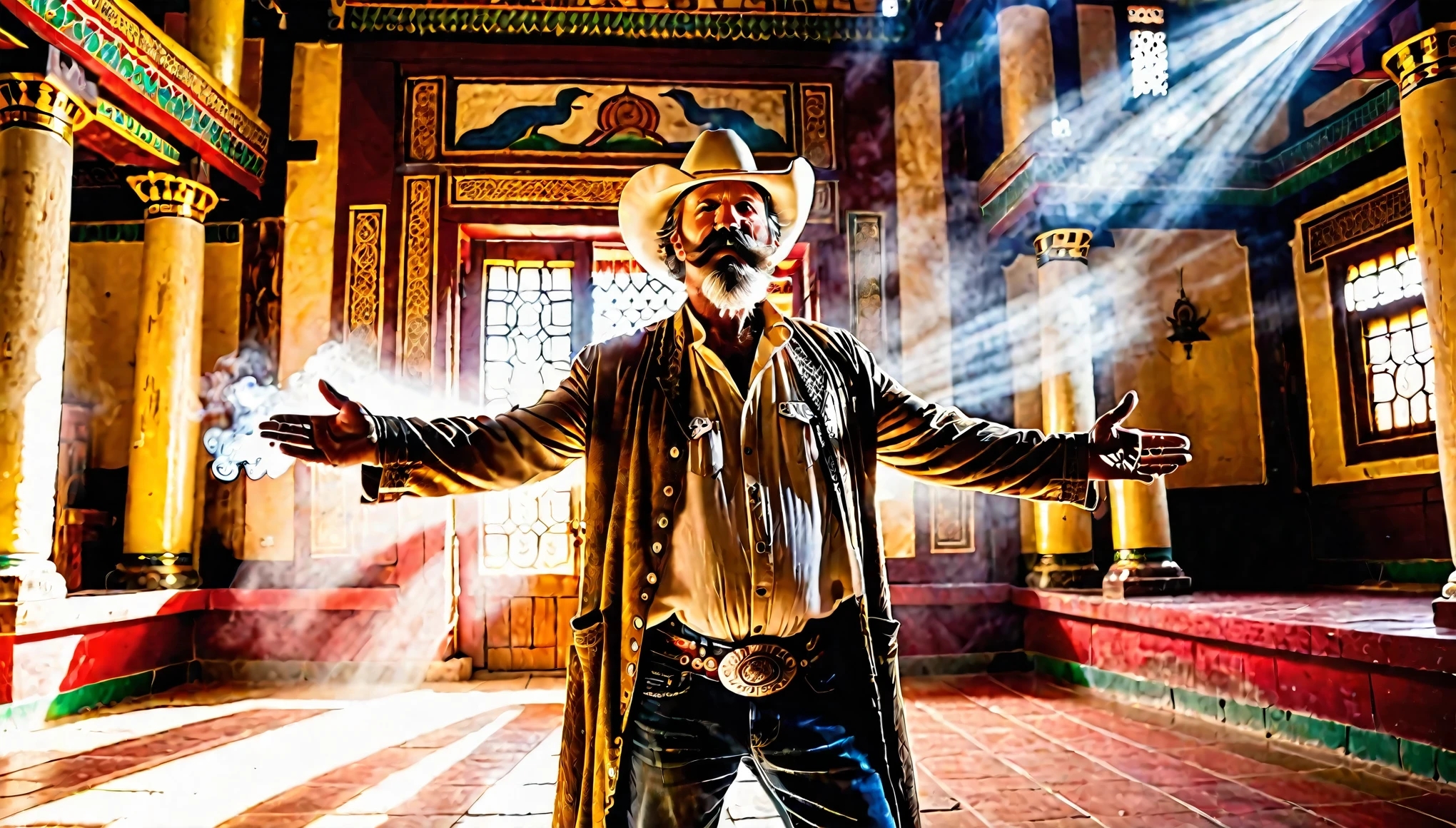 Cowboy man, with a beard and mustache, aged 50, inside a spiritual temple, with his hands outstretched sending energy and light to a person dressed in white