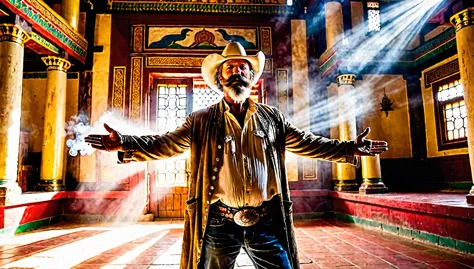 cowboy man, with a beard and mustache, aged 50, inside a spiritual temple, with his hands outstretched sending energy and light ...