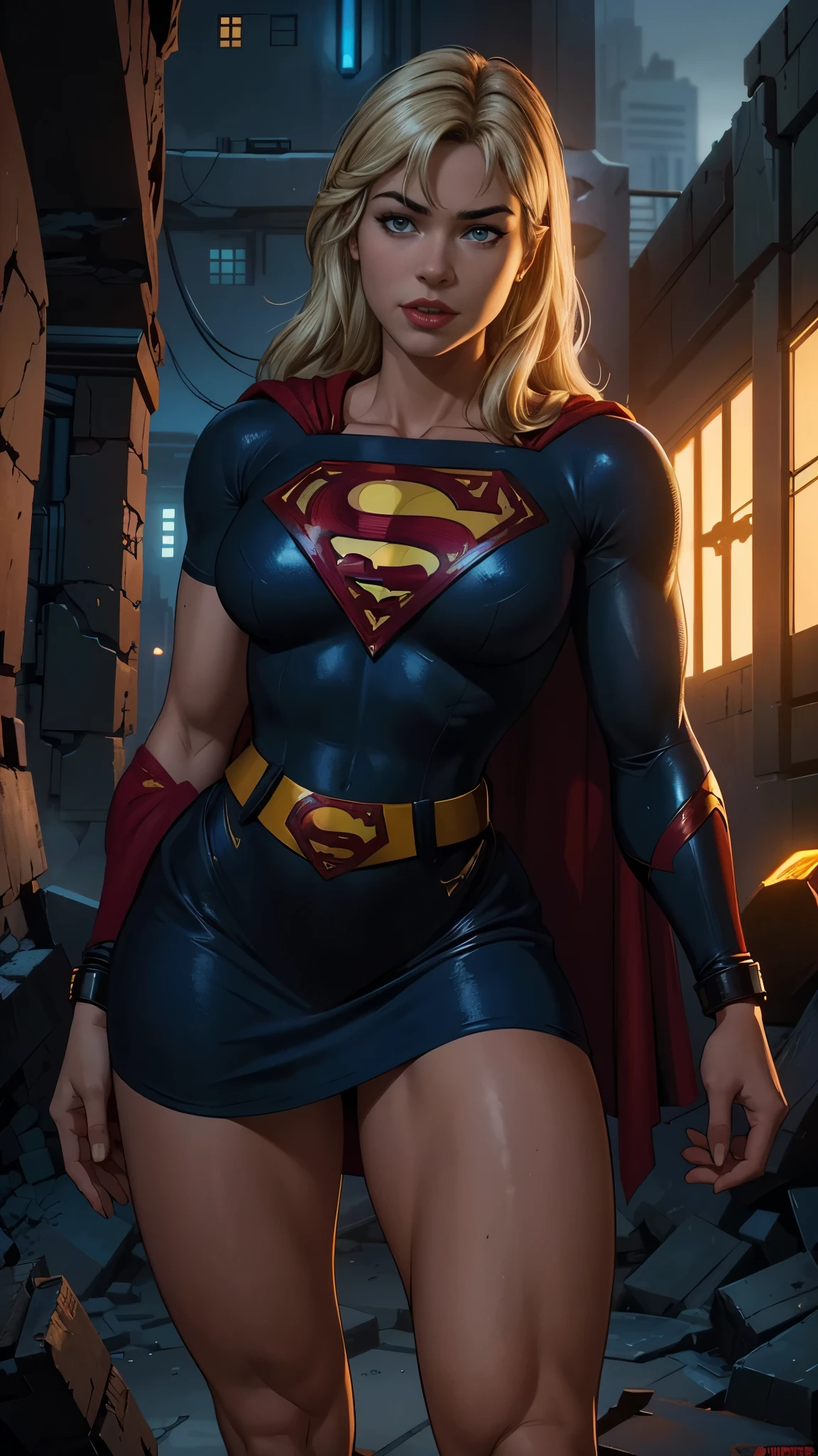 8K, Ultra HD, super Details, gute Qualität, Hohe Auflösung. Die Heldin Supergirl sieht auf einem Ganzkörperfoto wunderschön aus, Ihr Körper ist skulptural, Ihr langes, gewelltes blondes Haar strahlt in einer perfekten Kombination mit ihrer weißen Haut, ihre hellblonden Augen verzaubern jeden. Sie trägt ihr Heldinnen-Outfit, ein roter Rock mit einem gelben Gürtel, ein sehr enges blaues T-Shirt mit einem großen roten S auf der Brust, Elta trägt auch einen roten Umhang und rote Stiefel. Sie sieht sehr sexy aus und lenkt die Aufmerksamkeit auf ihre großen Brüste und dicken Beine, während sie durch den Himmel fliegt.,(Cyberpunk ruinierte Dungeon-Ruinen-Hintergrund :1.4 ), (superhelden :1.4) 