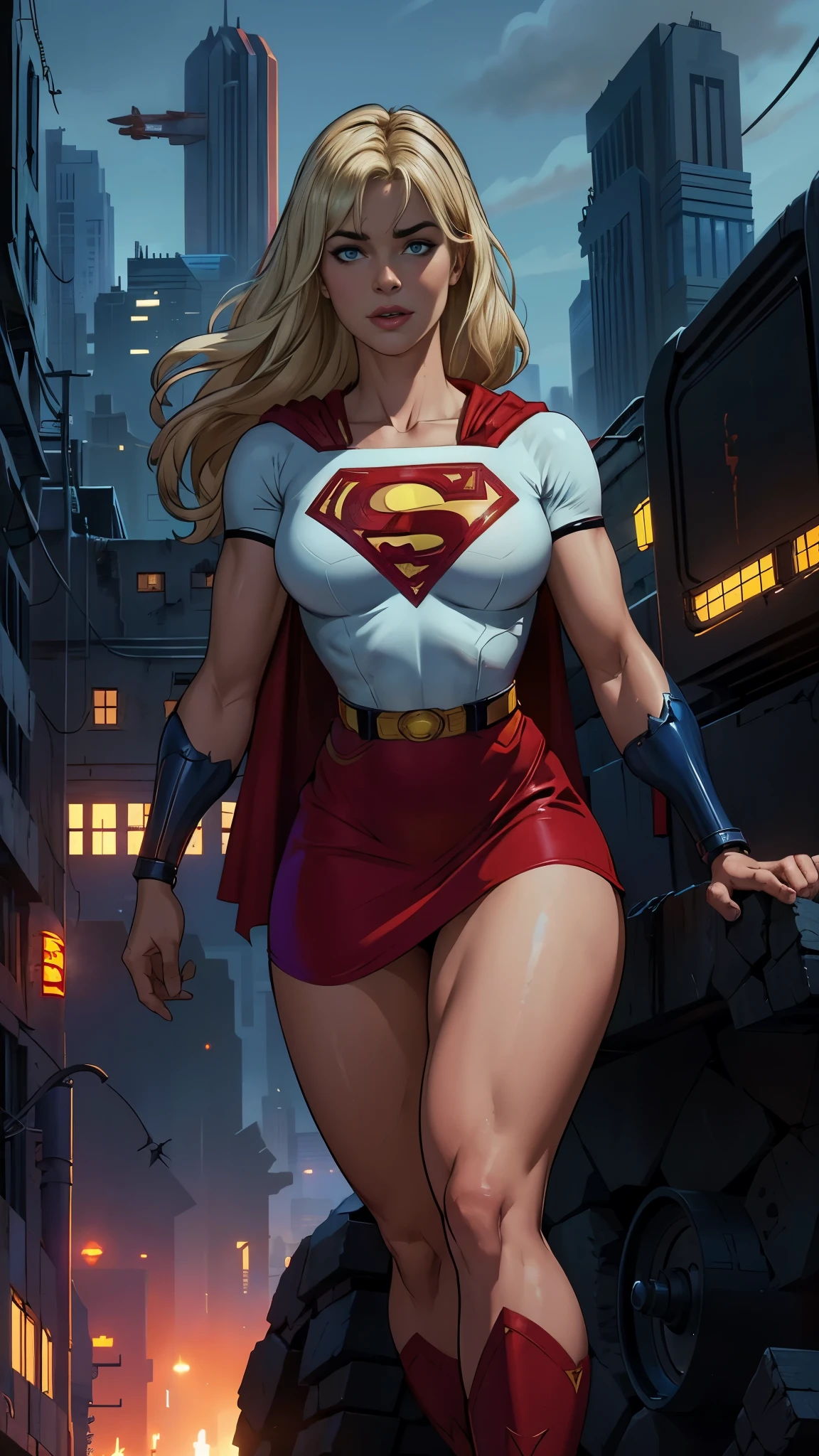 8k, Ultra HD, super détails, Haute qualité, haute résolution. L&#39;héroïne Supergirl est magnifique sur une photo en pied, son corps est sculptural, ses longs cheveux blonds ondulés sont radieux et se marient parfaitement avec sa peau blanche, ses yeux blonds brillants hypnotisent tout le monde. Elle porte sa tenue d&#39;héroïne, une jupe rouge avec une ceinture jaune, un t-shirt bleu très moulant avec un gros S rouge sur la poitrine, Elta porte également une cape rouge et des bottes rouges. elle a l&#39;air très sexy, attirant l&#39;attention sur ses gros seins et ses jambes épaisses alors qu&#39;elle vole dans le ciel.,(Fond de ruines de donjon en ruine cyberpunk :1.4 ), (supergils superman :1.4), (costume costume blanc :1.4) 