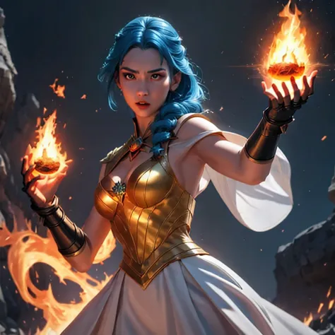 there is a girl with blue hair and a white dress holding a fire, ice sorceress, the sorceress casting a fireball, fantasy charac...