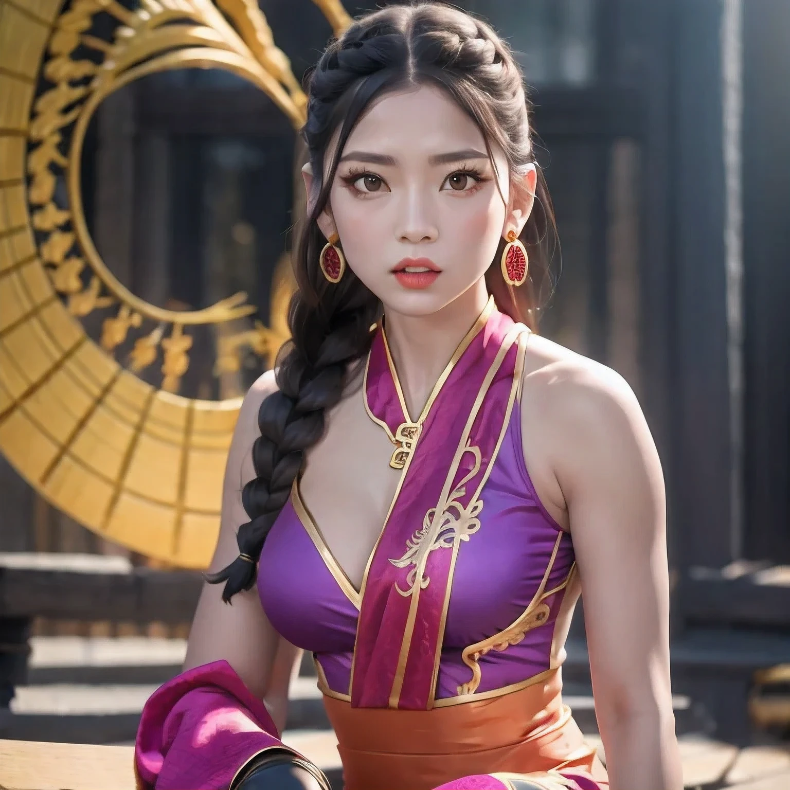 Fotoshooting 1 Mädchen alternatives Kostüm（（Bunte Seidenkleidung））
nackte Schultern schwarze Haare verschwommen Armband Zopf braune Haare chinesische Kleidung Chun-Li-Kleid Ohrringe
（（（Kampfhaltung）））
﻿ fingerlose Handschuhe Handschuhe Schmuck Lippen Lippenstift lange Haare Make-up mittlere Brüste Nase geöffnete Lippen sitzen ärmellos Solo