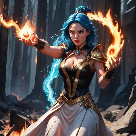 there is a girl with blue hair and a white dress holding a fire, ice sorceress, the sorceress casting a fireball, fantasy charac...